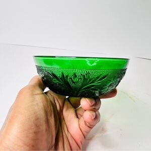 Vintage Green Pressed Glass Floral Embossed Bowl